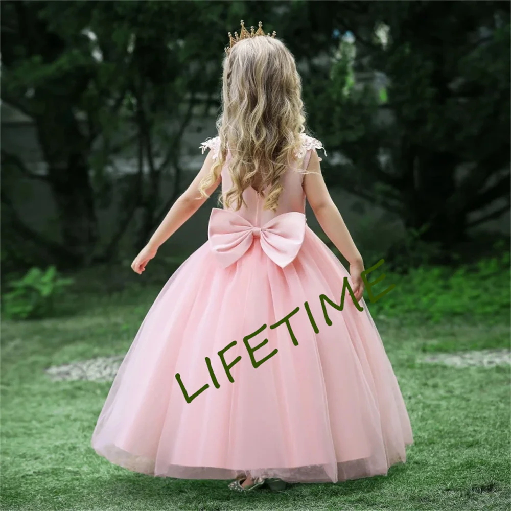 Robes bouffantes en tulle avec nœud pour filles, appliques simples, fleur, mariage, anniversaire charistique, fête, première année, enfant