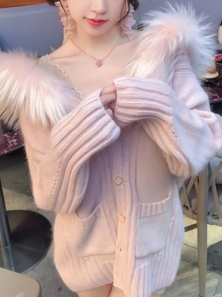 

Осень-зима, милый пушистый вязаный свитер с капюшоном, свободный теплый кардиган с меховым воротником, куртка в стиле Харадзюку, модные повседневные розовые джемперы 2025