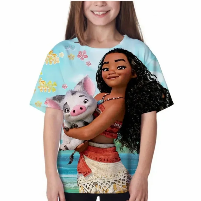 2024 New Summer Disney Cartoon Movie Moana Girls Cartoon T-Shirts Kids Short Sleeve Fashion Tees Tops Children Casual TShirts