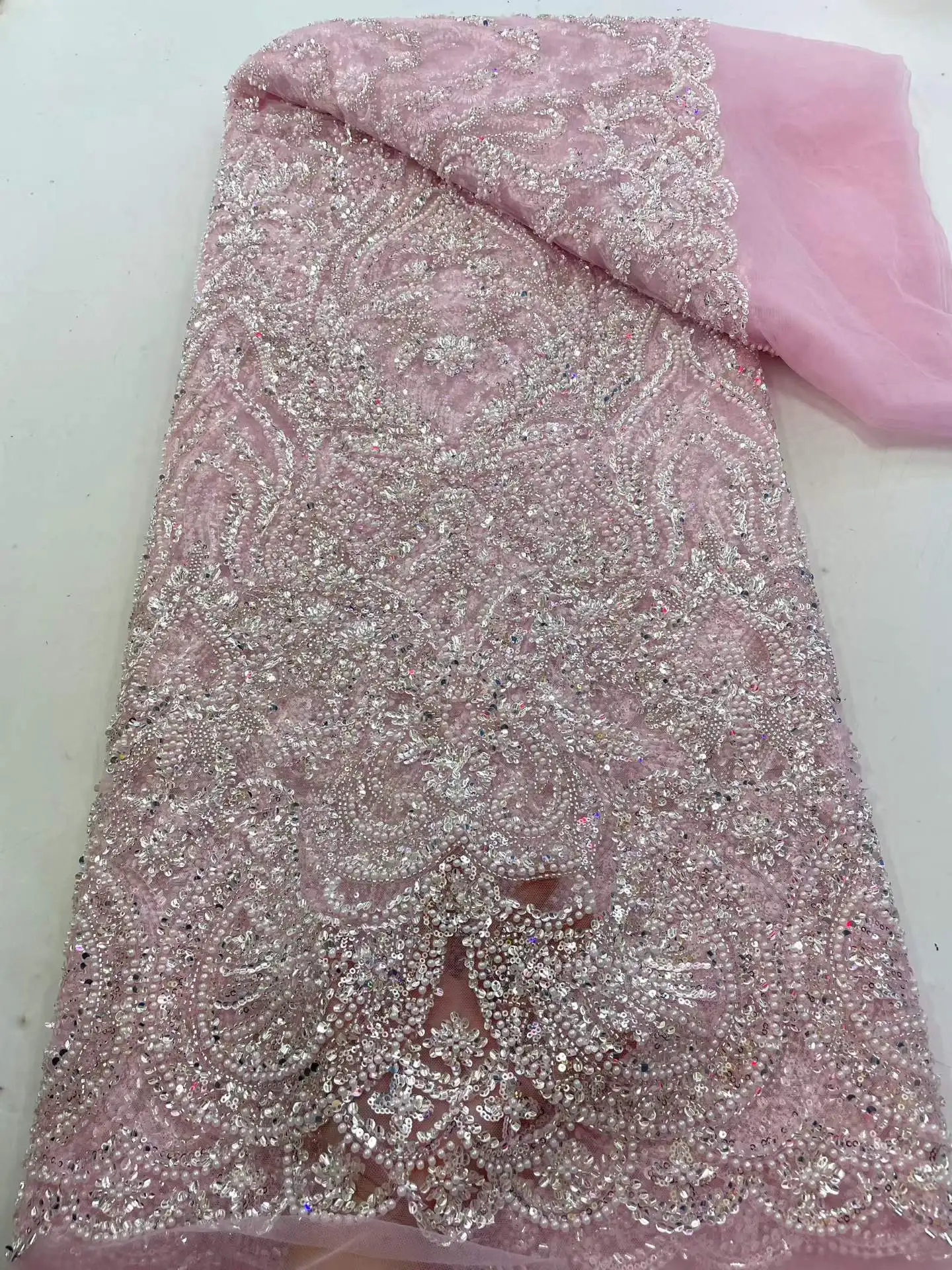 

Fashion Elegant French Mesh Embroidery Sequins Beads Lace Fabric African Nigerian Lace Fabric For Wedding Dress