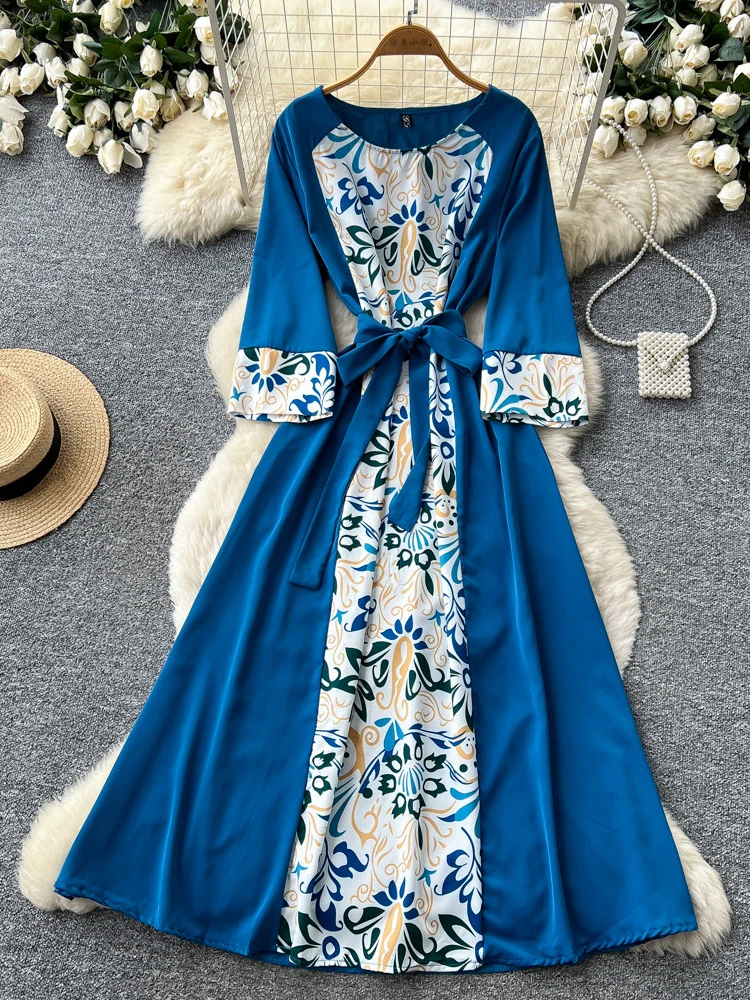 

Women's Dresses Bohemian Print Patchwork Long Sleeve Midi Dress Autumn High Waist A-Line Belted Bodycon Vestido OL Female DS484