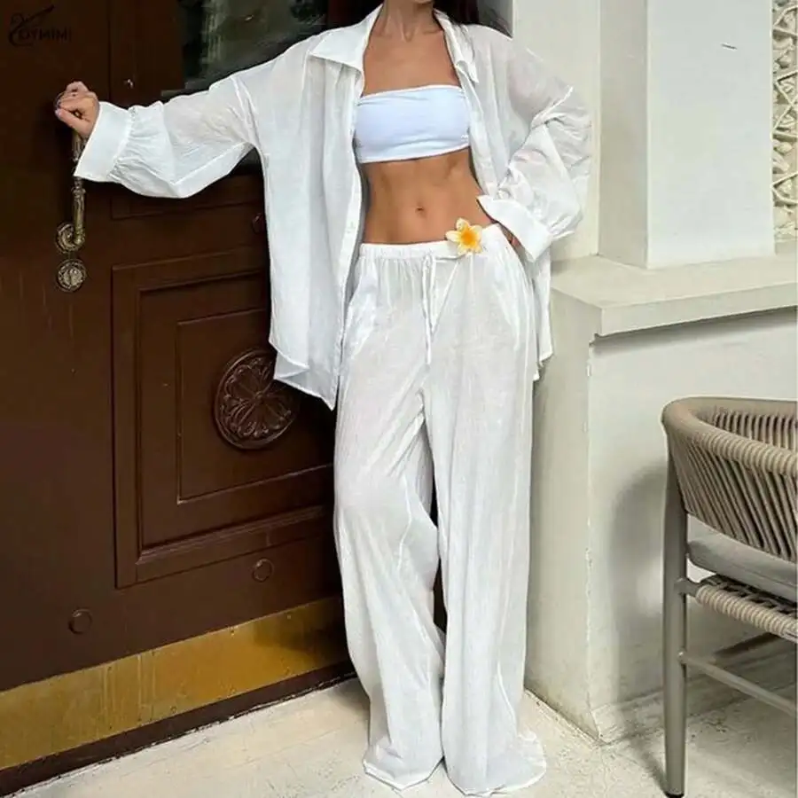 

Женский белый комплект из 2 предметов: рубашка с длинным рукавом + брюки с широкими штанинами на завязках