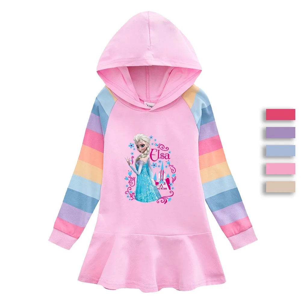 Quality Cotton Disney Girls Dress Frozen Elsa Autumn Bluey Clothing for Children Pink Long Sleeve Kids Clothes Hooded Fashion