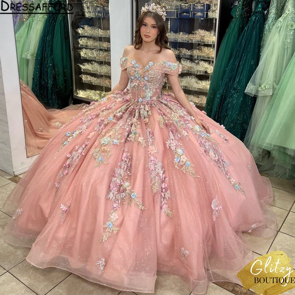 Luxury Gold Sparkles Off The Shoulder Pink Quinceanera Dress 2024 Ball Gown Charro Mexican Dress vestido de 15 quinceañera