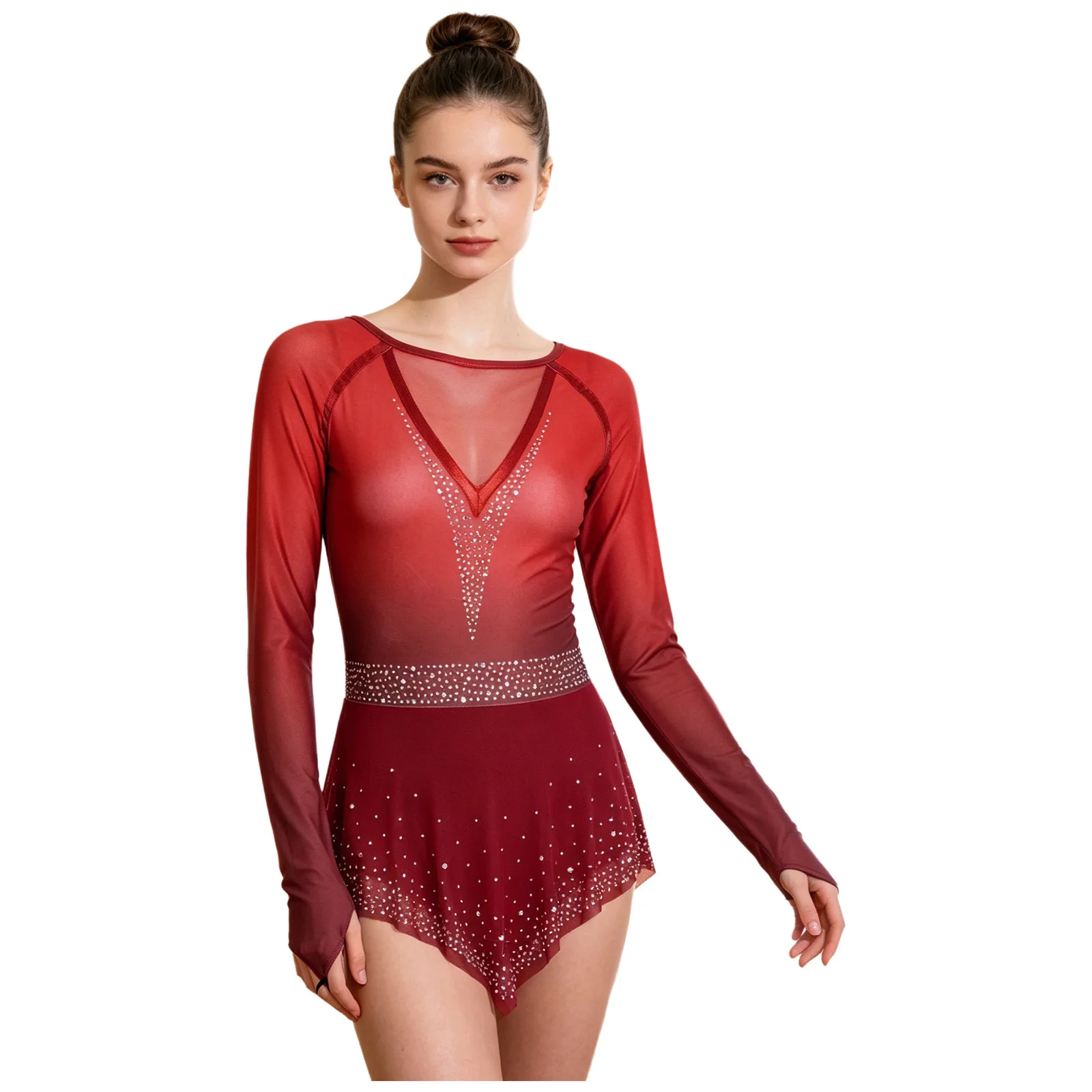 

Womens Sparkly Rhinestones Sheer Mesh Ballet Jersey Lyrical Dance Leotard Dress Gradient Long Sleeve Mesh Skirt Leotard Jumpsuit