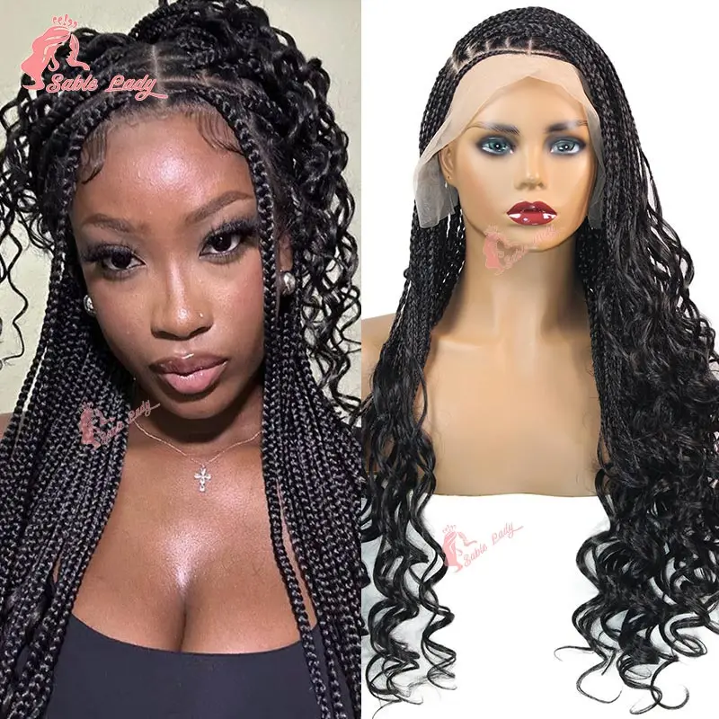 Synthetische Full Lace Frontal Knotless Box Braided Perücken mit lockigen Enden 28 Zoll 1B30 Brown Cornrow Box Braids Perücke für schwarze Frauen