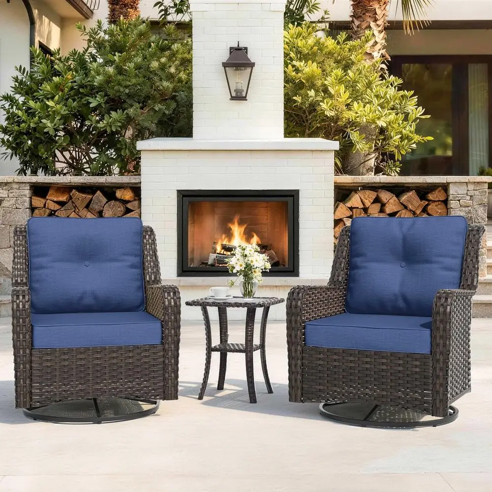 

3-Piece Outdoor Wicker Sectional Set with Swivel Chairs and High Back Sofa, Ideal for Patio, Deck, or Backyard in Navy Blue