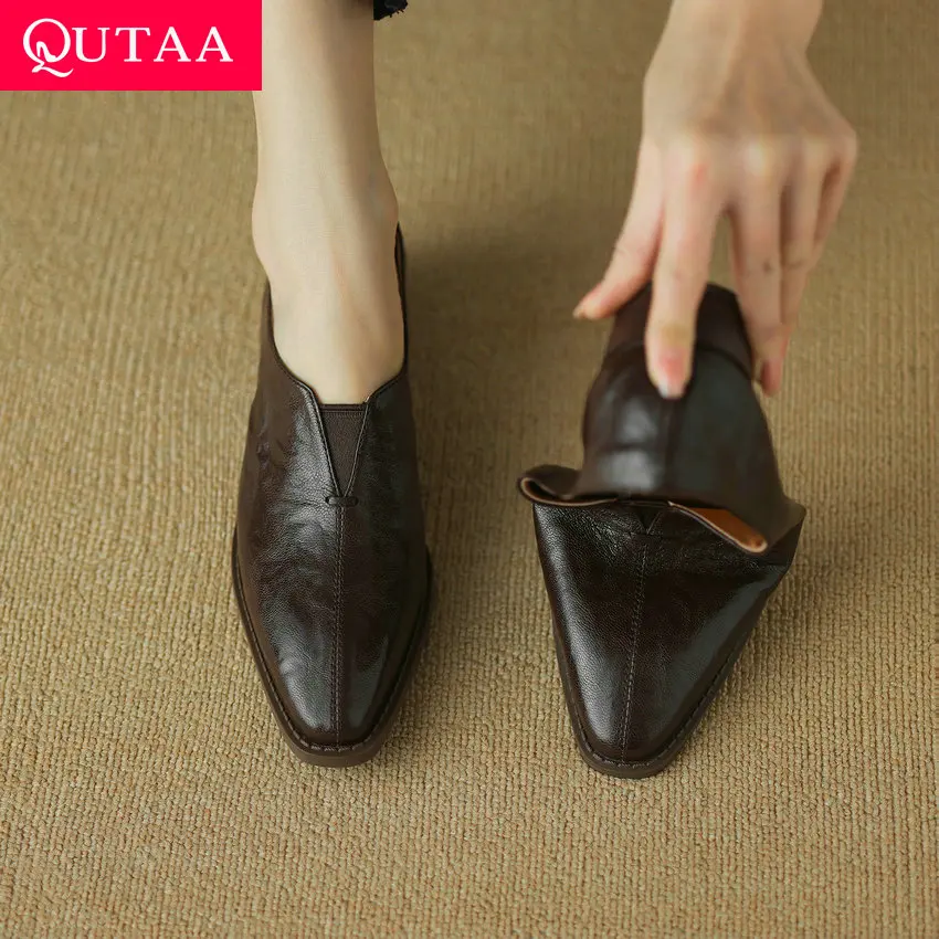 

QUTAA 2024 Women Pumps Platforms Genuine Leather Pointed Toe Loafers Spring Summer Slip On Shoes Woman Pumps Size 34-40