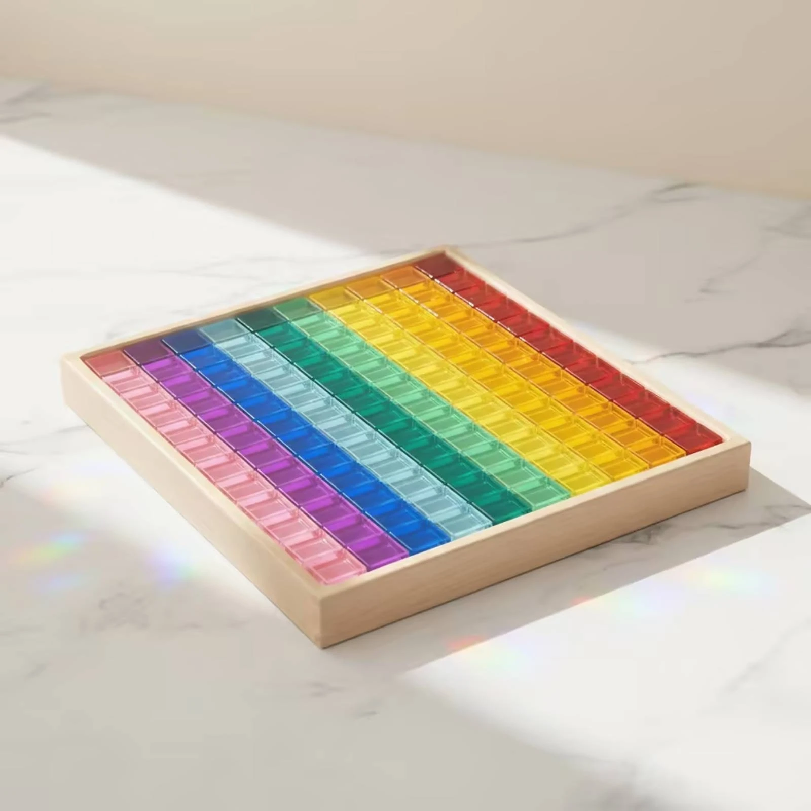 Acrylic Block Toy Board Translucent Wooden Board with Acrylic Blocks Block Set with Wooden Pieces Stackable Sensory Blocks