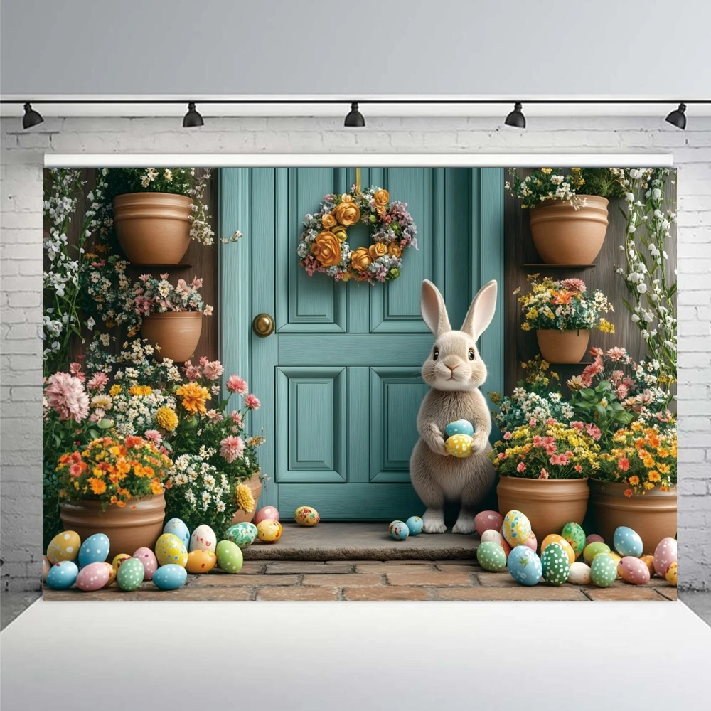 Spring Easter Photography Backdrop Wooden Door Brick Wall Flower Eggs Rabbit Baby Shower Kids Artistic Portrait Photo Background