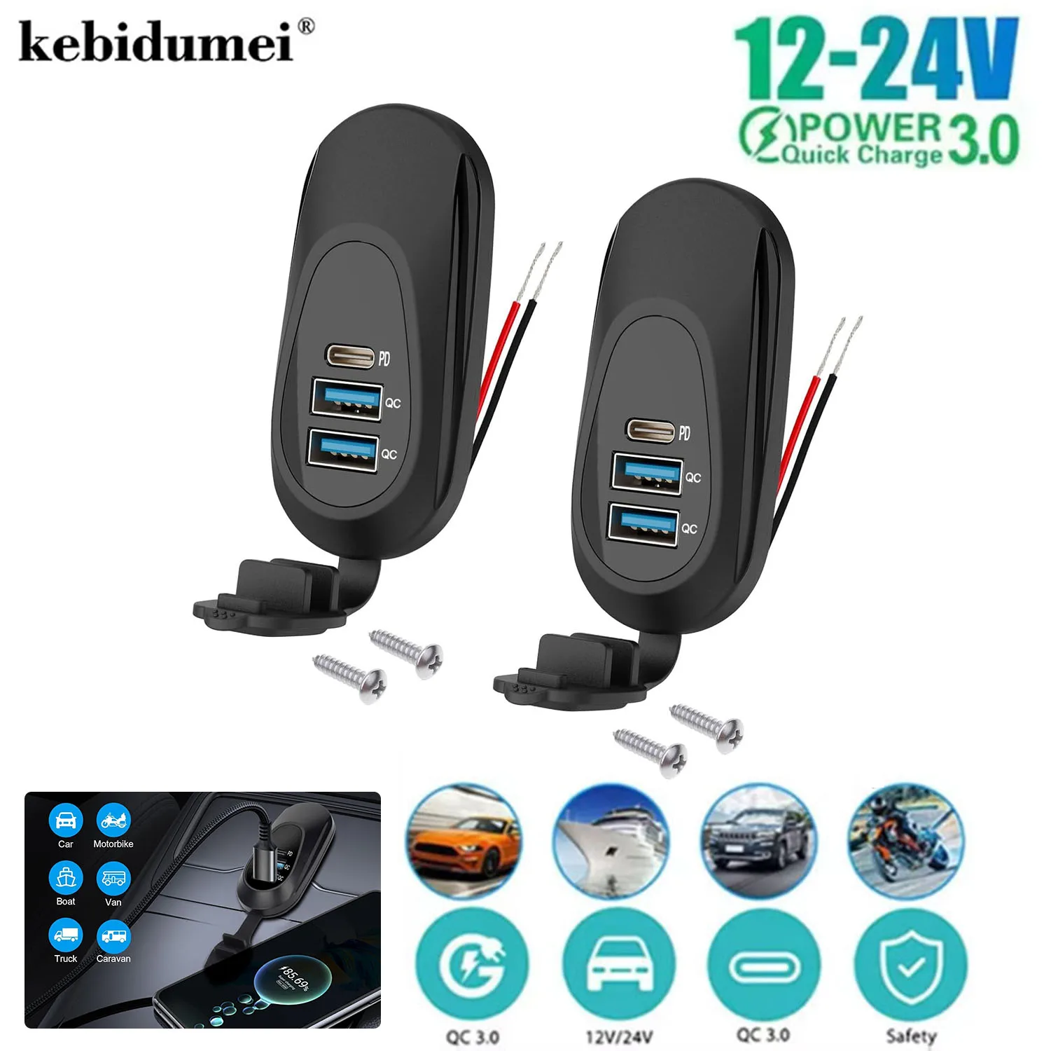 3-Ports 12V-24V Car Charger USB Outlet Type-C PD3.0 Dual QC3.0 Panel Wall Surface Mount Fast Charger Adapter for RV Marine Bus