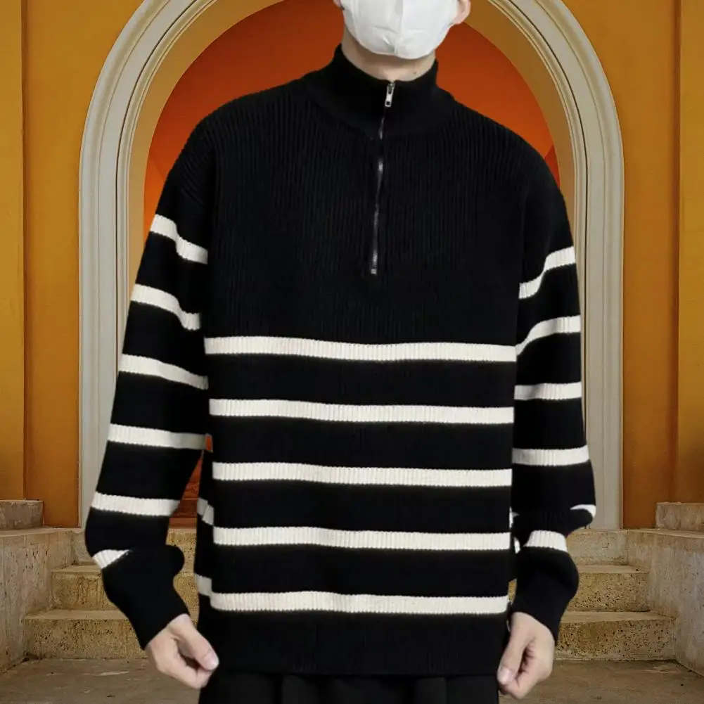 Black White Sweater Men\'s Striped Zipper Stand Collar Sweater Thick Knitted Warm Pullover for Fall Winter Soft Elastic Long