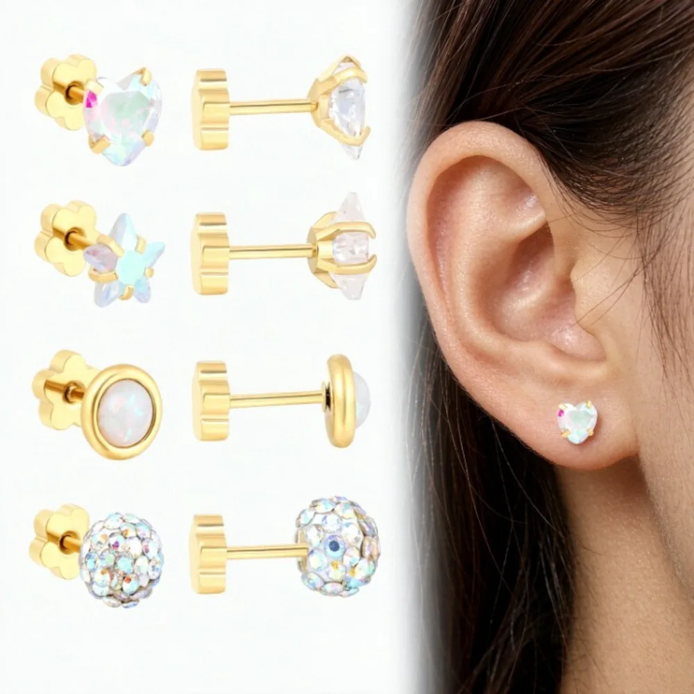 4 Paar Ohrstecker aus Edelstahl, bunte runde Zirkon-Ohrringe, zierliche, kleine, elegante, ästhetische Schmuckstücke, schlichte Modeversion – Detail 1