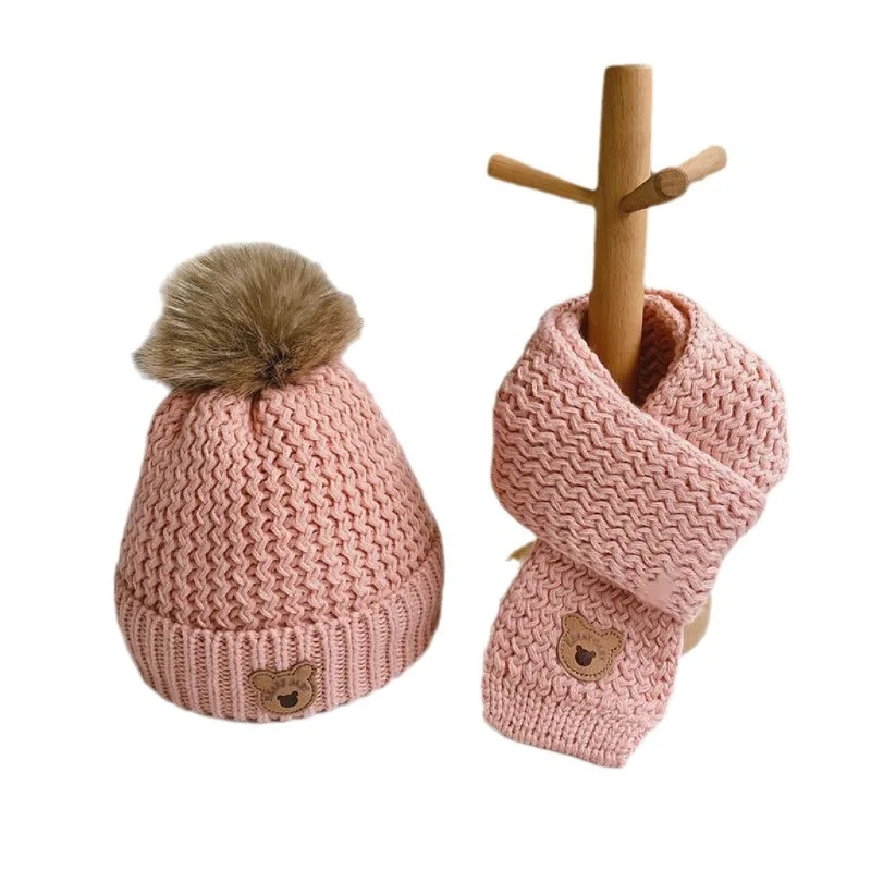 Autumn and winter children\'s hats and scarves two sets of padded warm boys and girls knitted hat set bear wool hat