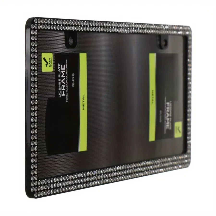 إطار لوحة ترخيص معدني أسود لامع مرصع بأحجار الراين وآمن لغسيل السيارات. الحجم القياسي