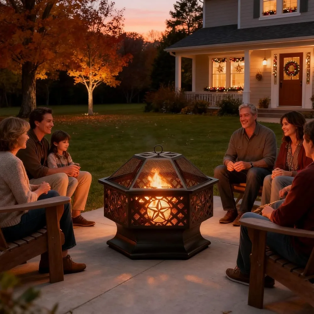 Outdoor Hexagonal Wood Burning Fire Pit with Spark Screen and Poker, 28 Inch Metal Fire Pit for Outdoor Use