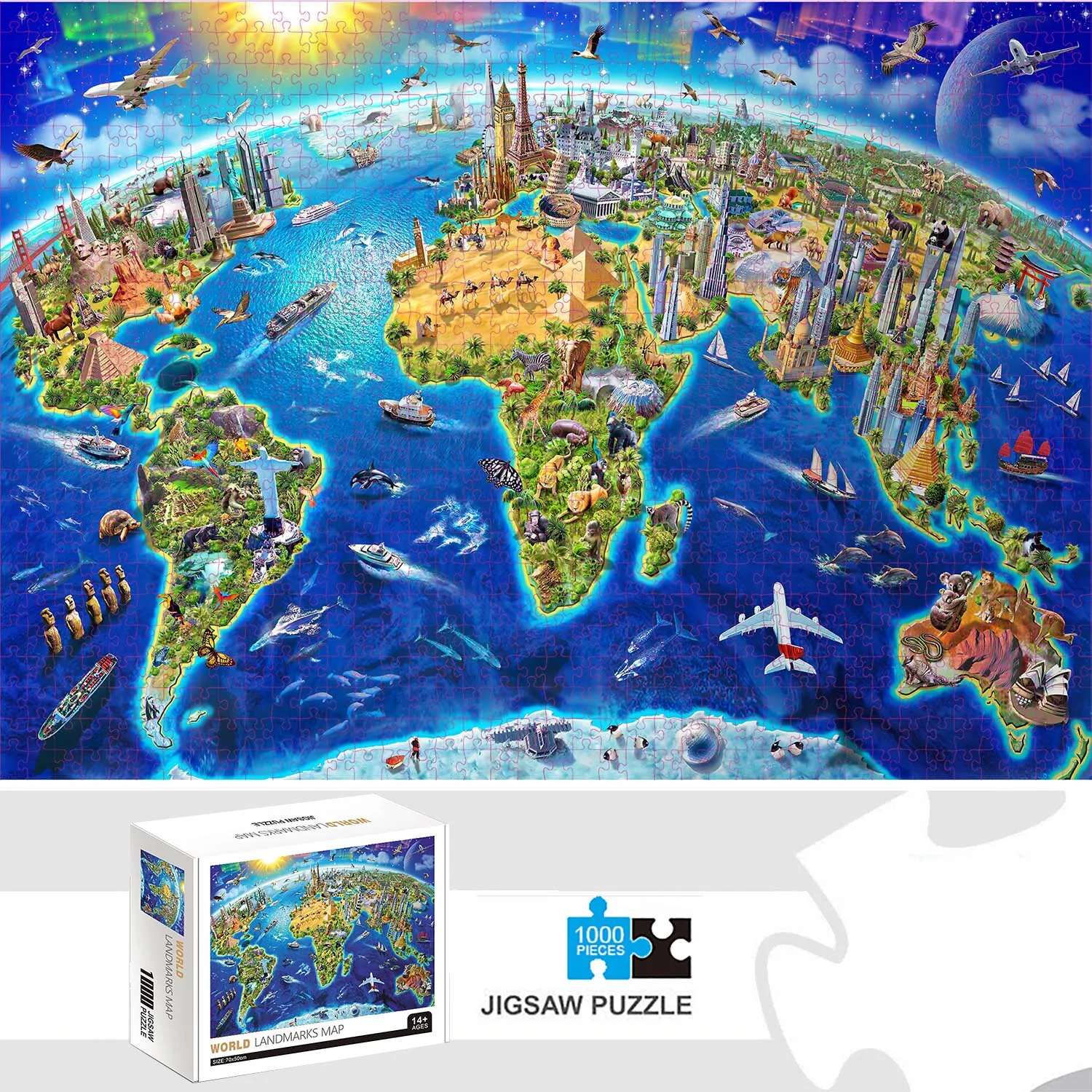 1000 Pieces World Landmarks Map Jigsaw Puzzles for Adults Home Decor Games Family Fun Floor Puzzles Educational Toys for Kids