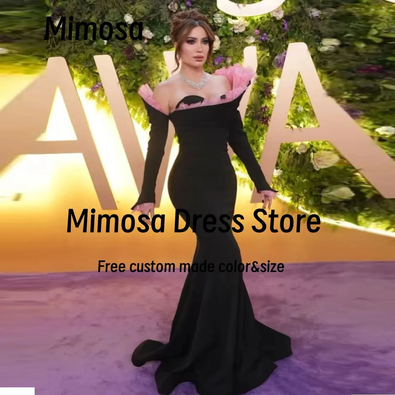 

Mimosa Celebrity Women Wear Black Mermaid Prom Dresses Sweetheart Ruched Long Sleeves Evening Party Saudi Gowns Customized