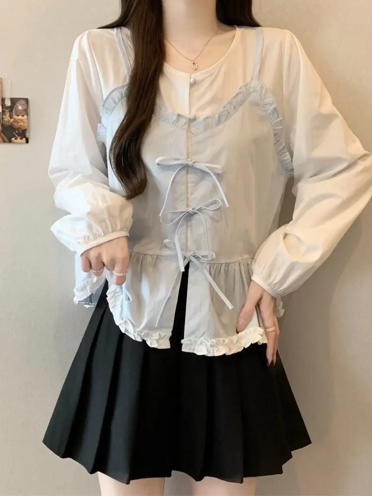 

French Sle Fake Two-Piece irt Spring Faion Ele Beautiful Large Size Women's Top Breathable Long Sve round Ne