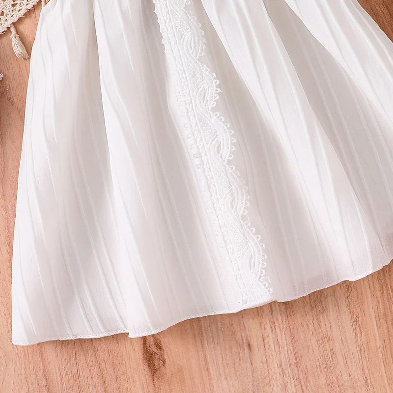 Summer Girl Dress Puff Sleeve Solid  White Fashion Lace Dress + weave Sashes Cute Style Girl 4-7 Age