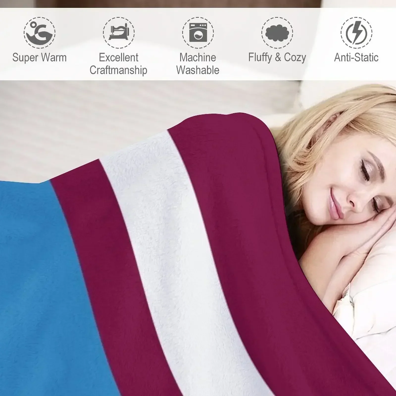 Burnley Varsity Retro Claret, Blue & White Hoops Throw Blanket Hairy Shaggy Beach Single Blankets view 4