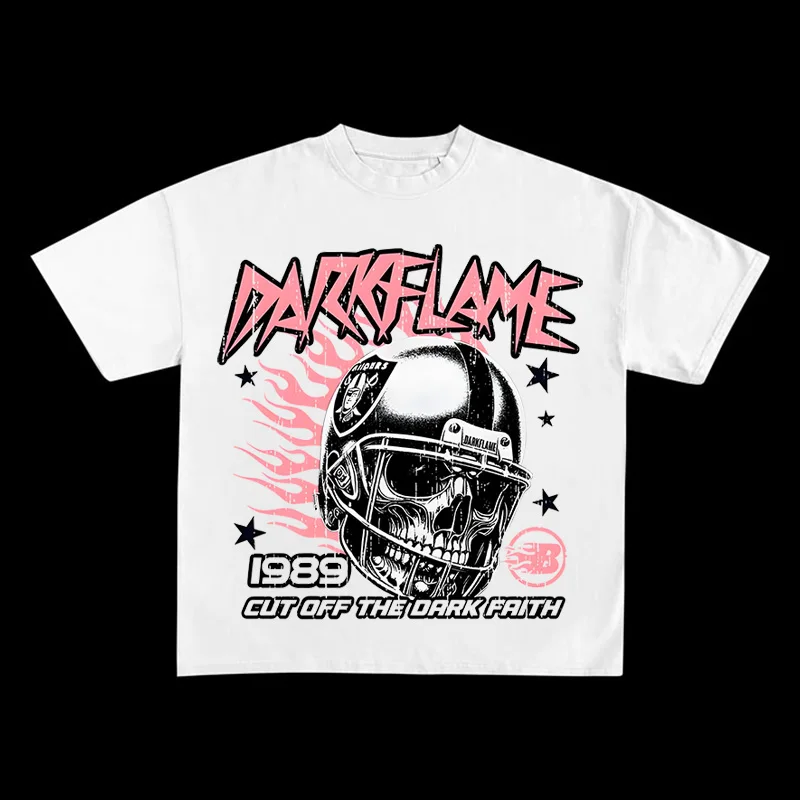 

American fashion cotton casual oversized street American helmet skull short-sleeved T-shirt round neck half-sleeved T-shirt