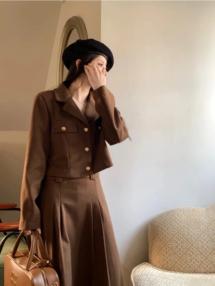 UNXX Fall/Winter College Style Cropped Blazer Suits Pleated Skirt Set Vintage Casual Single-breasted Coat + Skirt Two-piece Sets