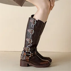 2024 New Women Knee High Boots Buckles Chunky High Heel Western Cowboy Long Botas Mujer Brown Gladiator Rubber Shoes Big Size