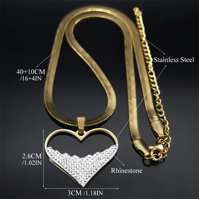 Crystal Love Heart Pendant Necklace Choker for Women Stainless Steel Gold Color Blade Chain Necklaces Jewelry Valentines Gifts