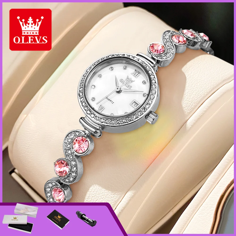 OLEVS 5633 Original Quartz Bracelet Wrist Watch Steel Strap Waterproof Day Date Diamond Bezel Elegant Dress Watch for Women