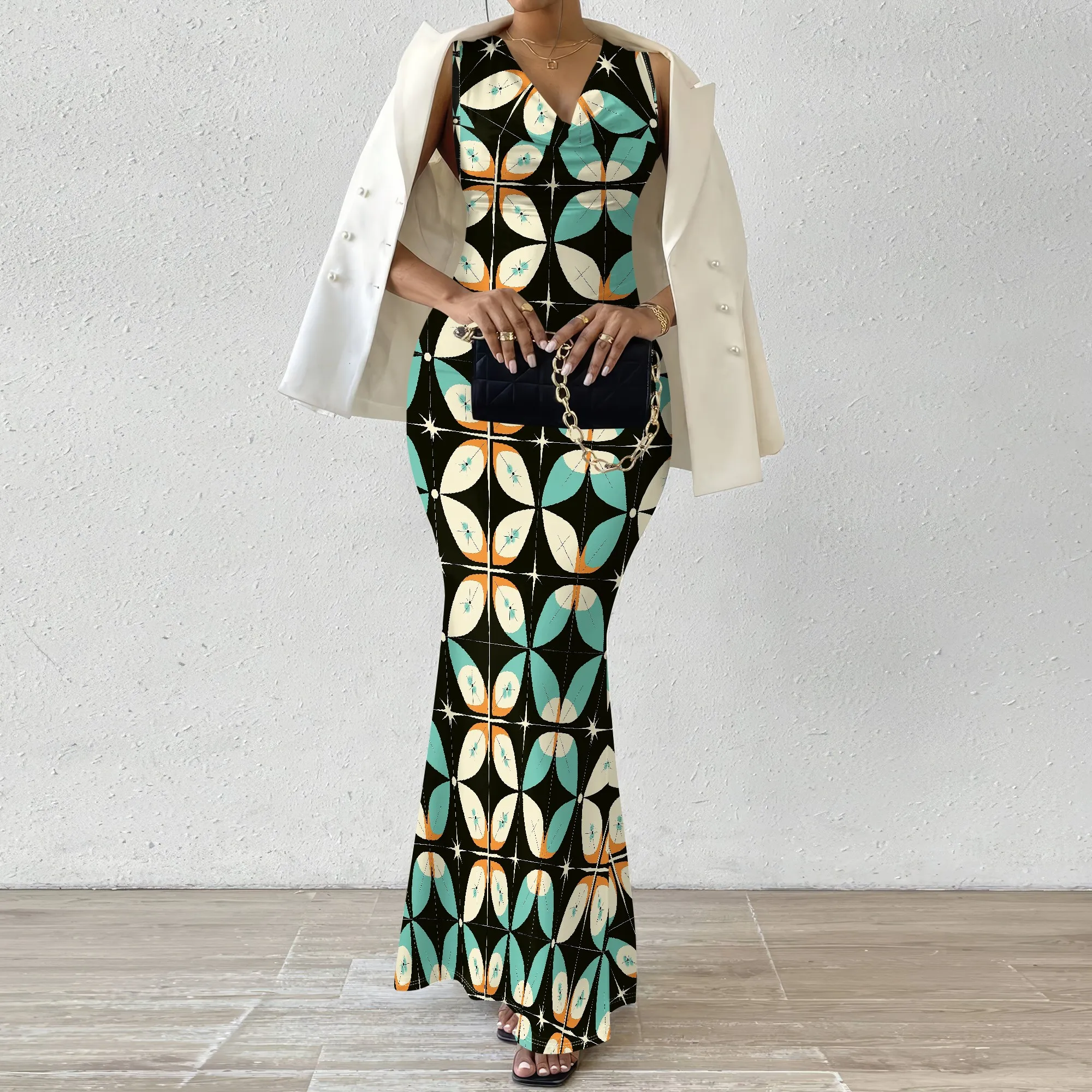 Retro Geometric Print Maxi Dress XS-2XL, Sleeveless V-Neck Dress for Women, Ideal for Vintage-Inspired Parties & Casual Events