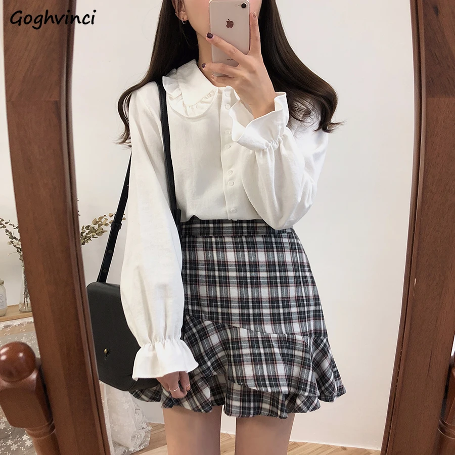 

Long Flare Sleeve Blouses Women Peter Pan Collar Preppy Style Students Sweet Teens Leisure Sun-proof Chic Retro Simple All-match