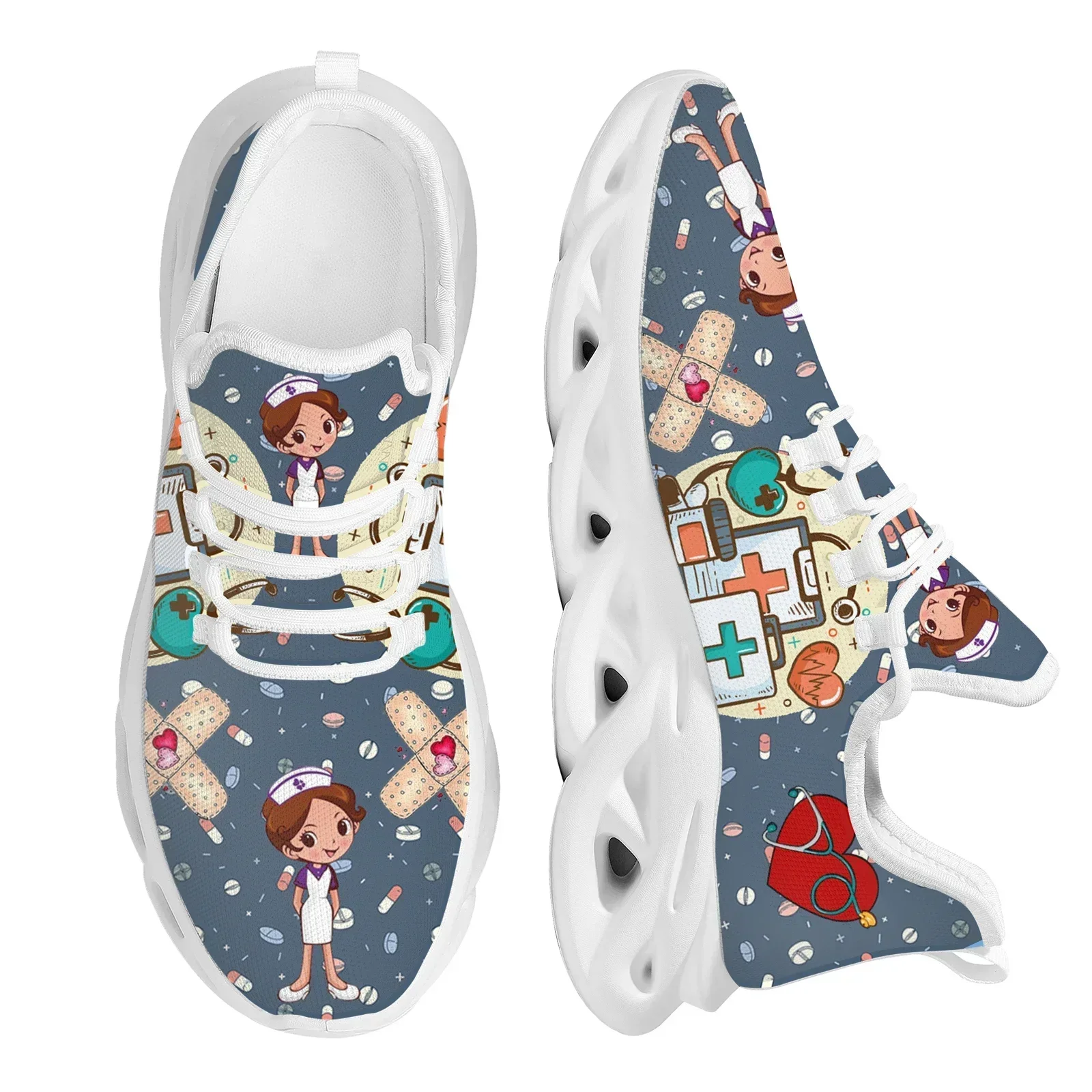 Brand Design Women Sneakers White Nursing Shoes Cute Cartoon Nurse Doctor Medical Print Light Lace-up Flats Footwear view 3
