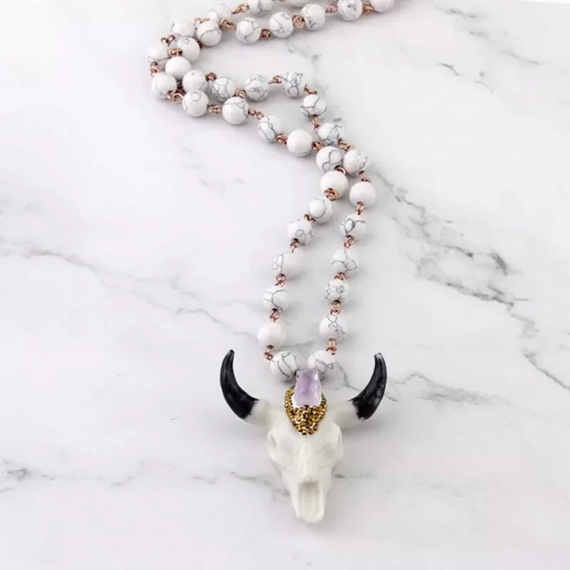 

Ethnic Tauren OX HEAD Pendant Sweater Necklace Handmade Natural Stone Beads Long Chain Jewelry Gifts