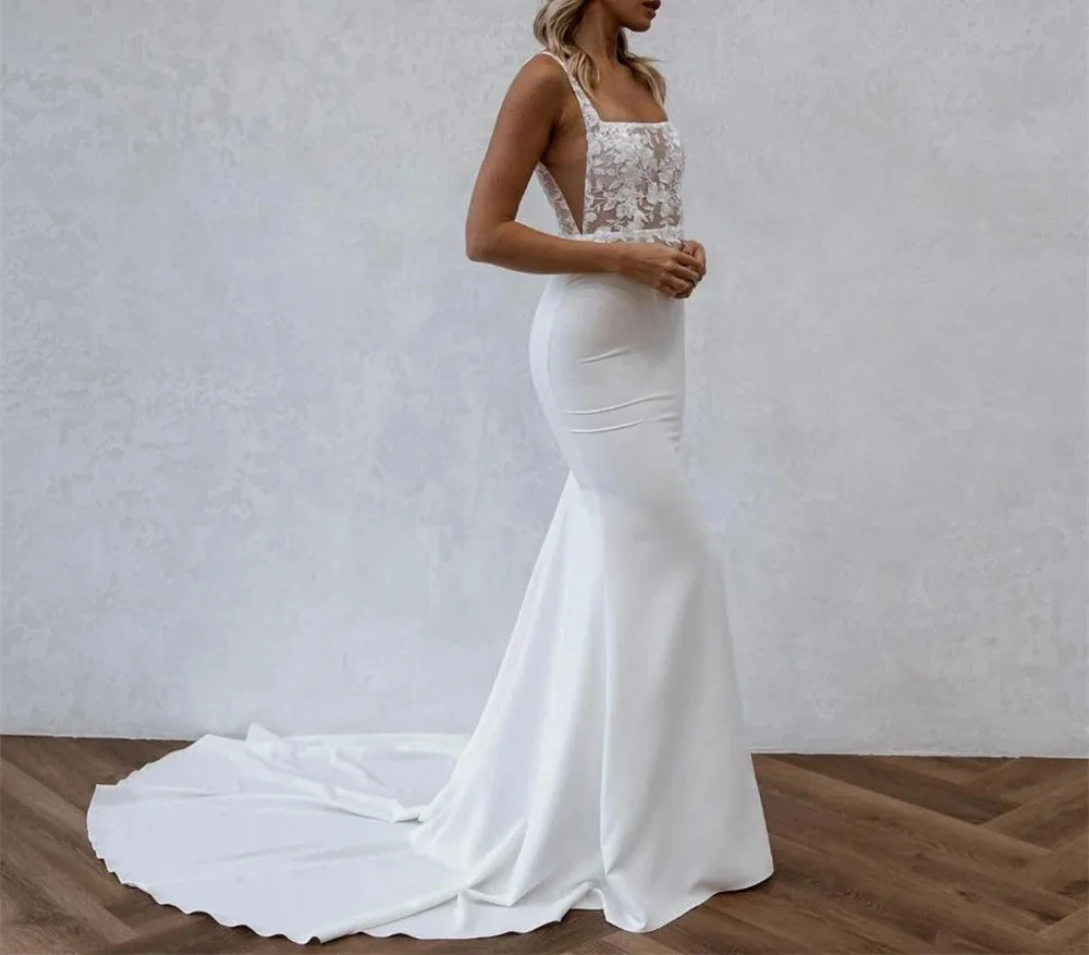 

Sexy satin lace applique white long mermaid wedding dress A-line square collar spaghetti strap backless bridal gown