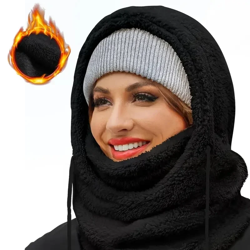 الشتاء يندبروف الحرارية مقنعين قبعة ركوب الدراجات في الهواء الطلق الصوف مبطن مقنعين البلوز مع الرقبة أدفأ ووشاح في واحد
