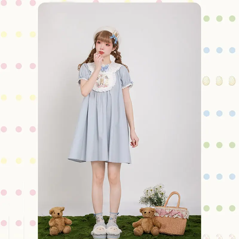 Japanische kawaii lolita Prinzessin Kleid Mädchen süße süße Schleife Puff Ärmel Hase Stickerei Nachthemd viktoria nischen Vintage Mini kleid