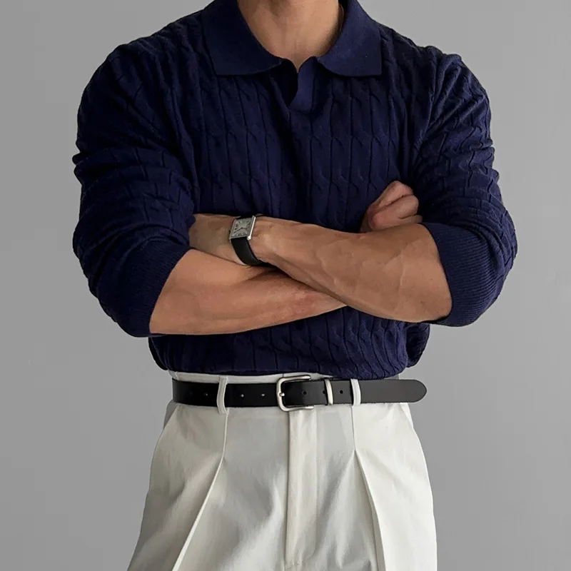 Mens Knit Sweater Polo Shirt V Neck Cable Stitch Business Collar Long Sleeve T Shirt Autumn Winter - Image 3