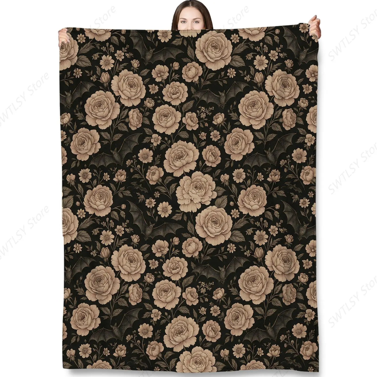

Gothic Rose Bat Throw Blanket Gifts for Adults Kids, Dark Floral Halloween Goth Blankets for Living Room Bedroom Decor
