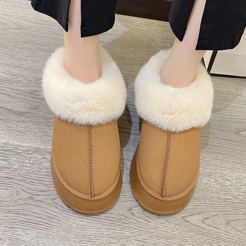 Winter Warm Thicken Plush Chunky Platform Cotton Slippers Women Flat Heels Fur Slippers Woman 2024 New Faux Suede Fluffy Shoes