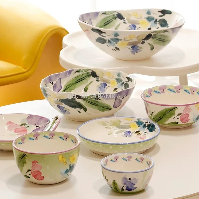 Vajilla de Cerámica con Diseño Floral, Tazón para Fideos, Plato para Salteados, Plato con Diseño de Flores, Tazón para Frutas, Tazón para Arroz, Vajilla de Cocina