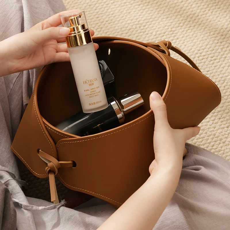 Nordic Style PU Leather Rope‑Knot Storage Basket, Desktop Cosmetic Makeup Organizer for Vanity Bathroom Sundries Home Decor