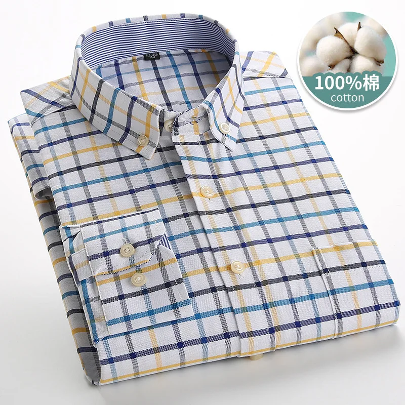 Four Seasons New Men's Tall Fashion Striped Plaid Oxford Textile Business Casual Long Sleeve Shirt Comfortable Breathable Top