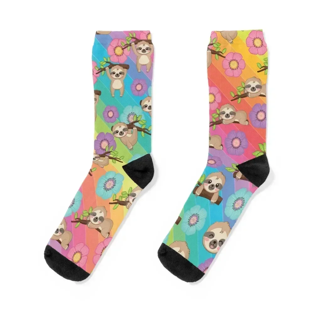 sloth rainbow and flower Socks designer brand Run gift Rugby Designer Man Socks Women's