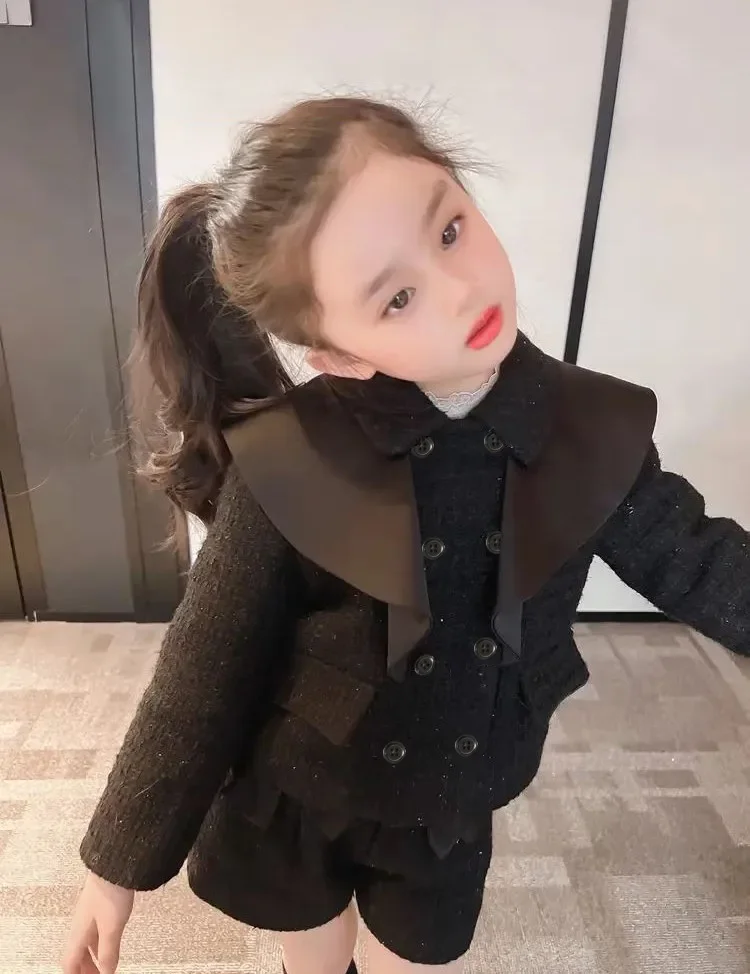 

Winter Girl 2 Piece Tweed Set Children Black Suit Clothes for 2-10Years Children Black Coat Outwear+Shorts Vintage Outfits Sets