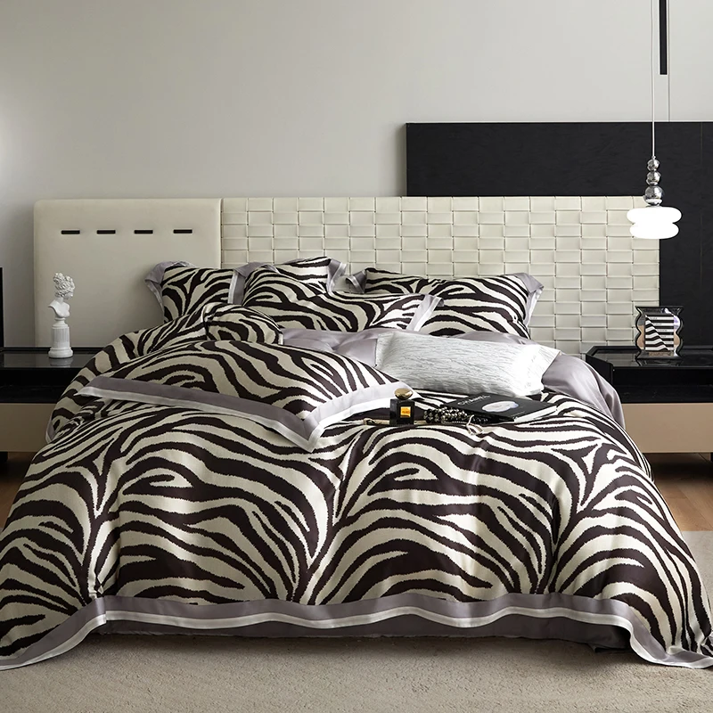 Zebra Print Color Blocking Bedding Set 600TC Lyocell Bamboo Fiber Soft Silky Duvet Cover Flat/Fitted Bed Sheet Pillowcases 4Pcs