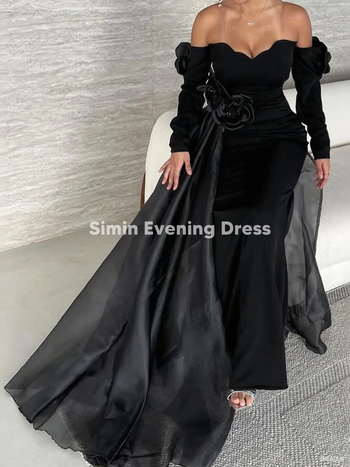 Simin Dames Crêpe Off-the-shoulder Schede Vloerlengte Avondjurken Met 3D Bloemen Lange Mouwen Feest Elegante Jurken 2025