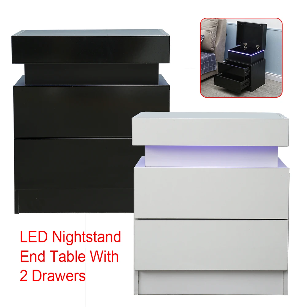 LED Nightstand LED Nightstand Bedside Nightstand with 2 Drawers, LED Light Bedroom Storage Cabinet End Table