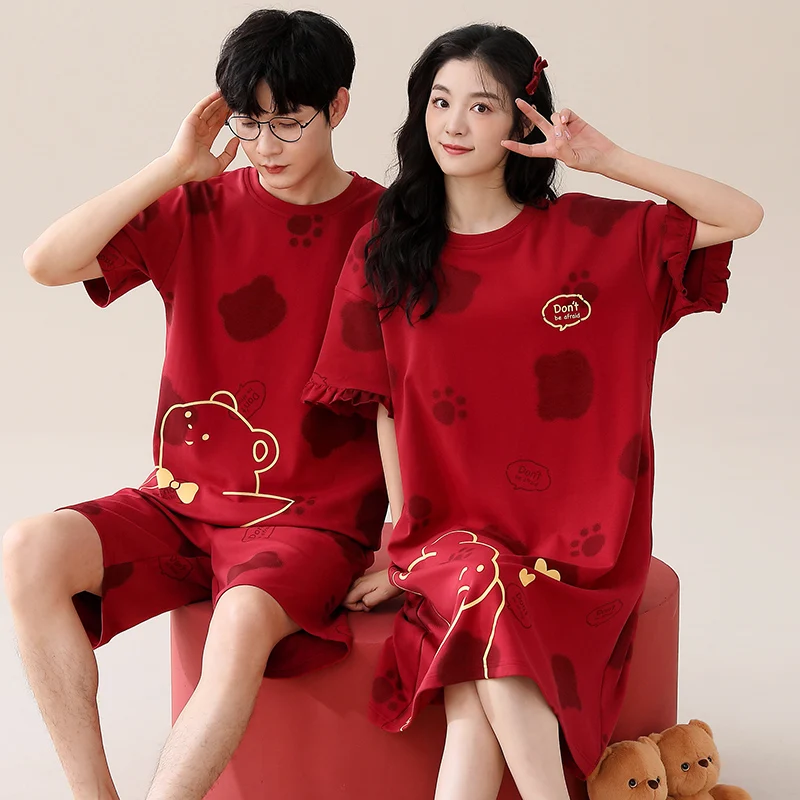 Summer Couple Cute Cartoon Pajama Set Men 100%Cotton Short Sleeve Pyjamas Sexy Women Nightgown