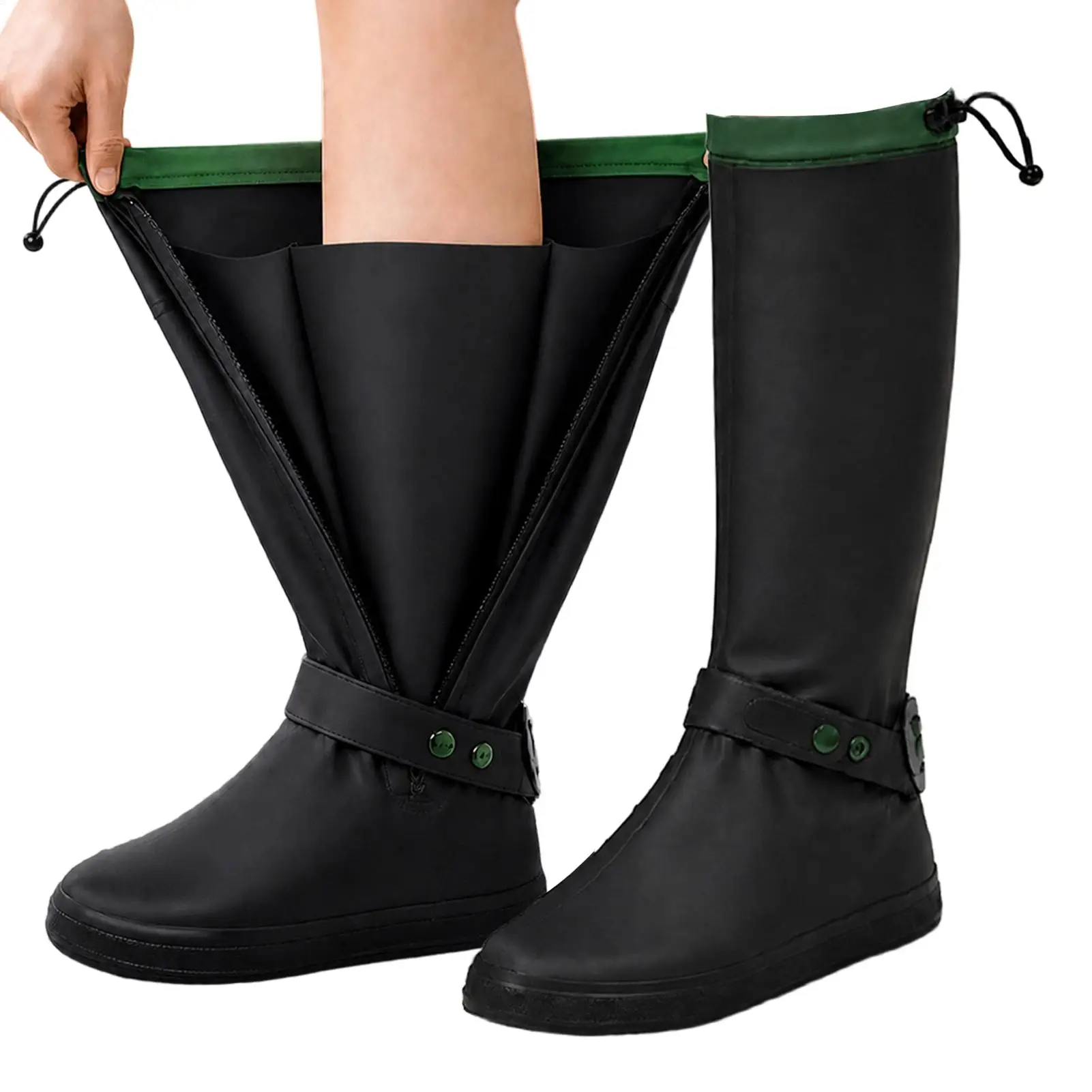 Zipper Tall Waterproof Rain Shoe Covers Easy O n&Off Antislip Sole Durable Wear-Resistant Foldable Boot Cover For Hiking Cycling